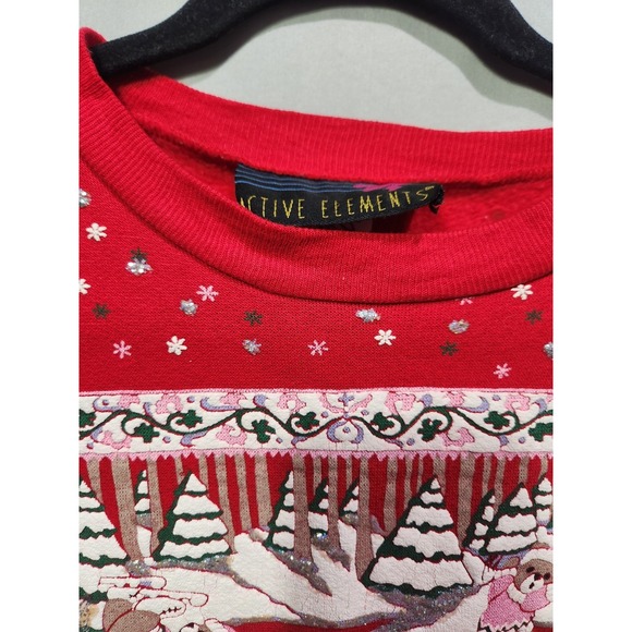 Vintage 80's Red Christmas Holiday Sweatshirt Skating Bears Winter Puff Paint LG - Picture 7 of 8